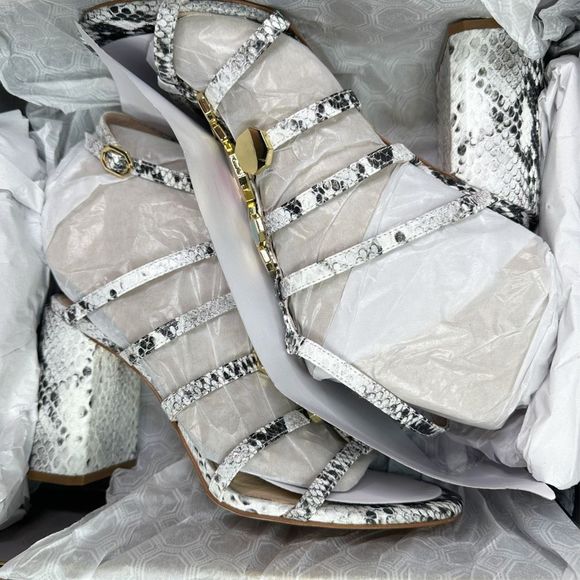 Louise et Cie Lo-Leeba Black & White Antique Snake Print Heeled Sandals - Picture 11 of 12